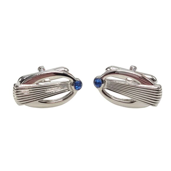 Vintage Swank Silver Tone Cufflinks With Blue Gemstone - Picture 1 of 12